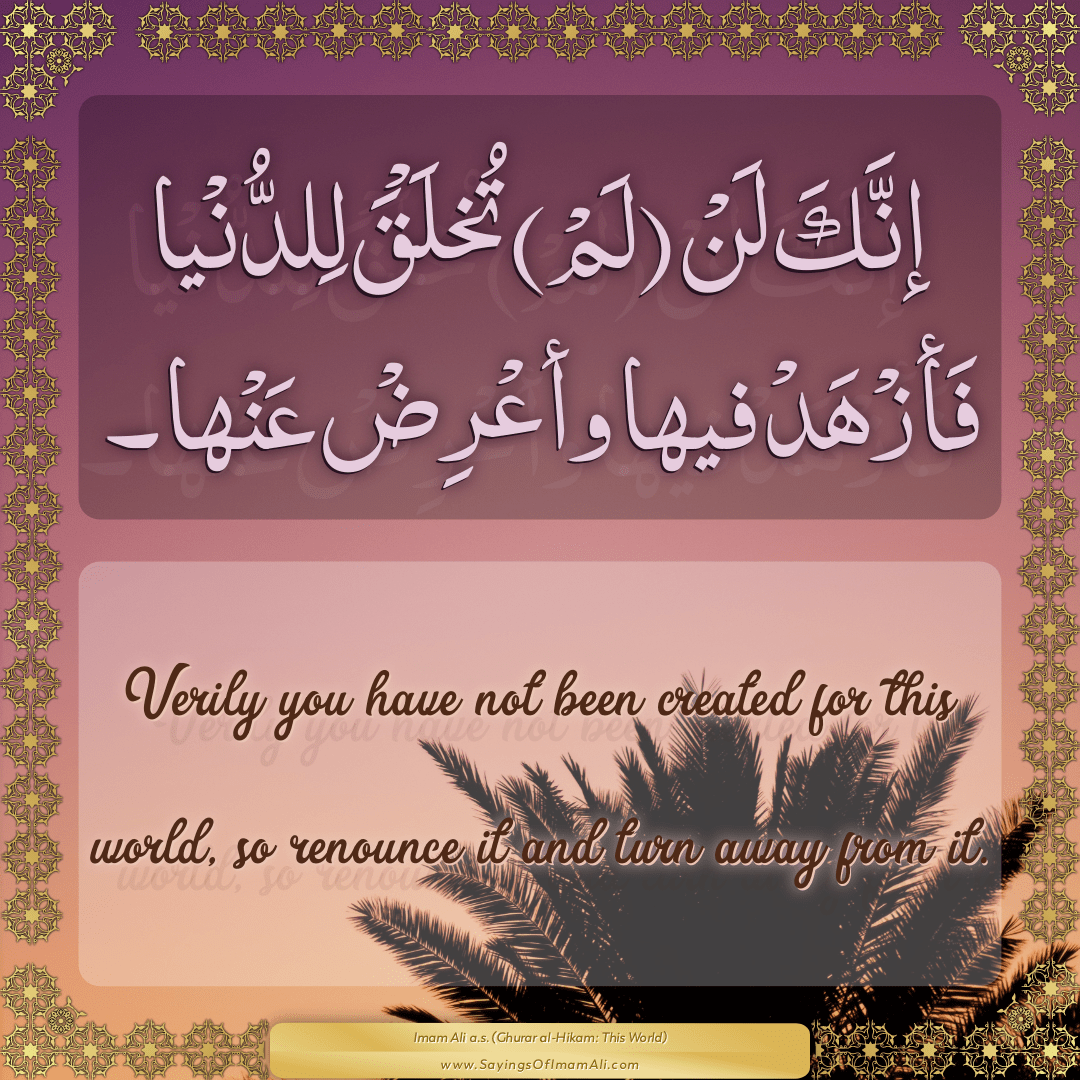 Verily you have not been created for this world, so renounce it and turn...